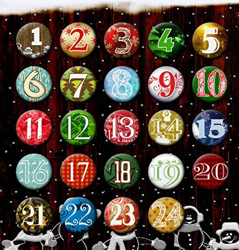 24 Adventskalender Buttons: bunte, durchnummerierte Anstecker (Ø 32 mm) mit Sicherheitsnadel zum selber Basteln von DIY-Weihnachts-Kalendern und zum Dekorieren; Pins/Sticker aus Metall (32 mm)