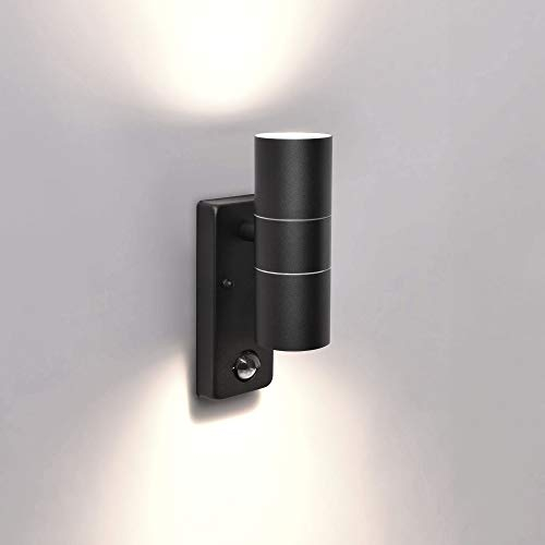 max K O M F O R T Außenleuchte mit Bewegungsmelder Edelstahl Schwarz 2x GU10 Fassung up&down Wandleuchte Eingangsleuchte Lampe Außenwandleuchte 109E