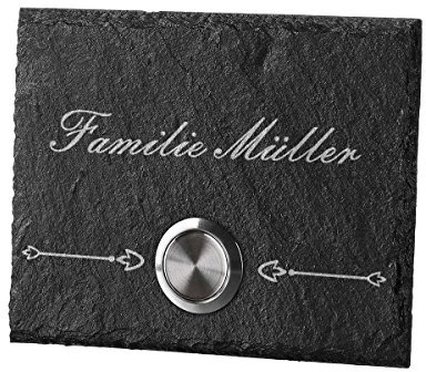 polar-effekt Personalisierte Türklingel aus Schiefer - 100x80 mm Klingelschild mit Gravur - Klingelknopf OHNE LED - Klingelplatte Geschenk zum Einzug [mit Edelstahlklammer] Motiv: Familienname