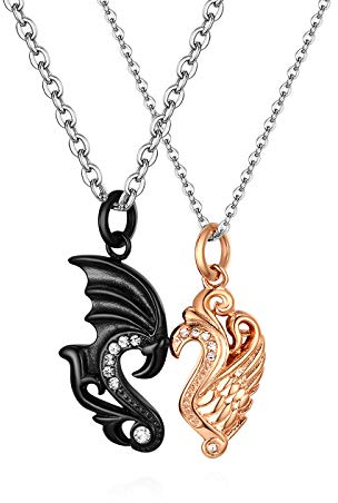 JewelryWe 2 Freundschaftsketten, Edelstahl Engel Flügel Engelsflügel Herz Puzzle Partner-Anhänger mit Kette, Pärchen Halsketten für Herren Damen, Valentinstag Paare Geschenk, Rosegold Schwarz