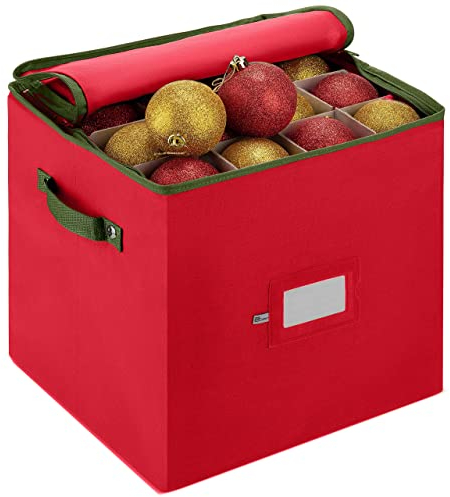 Premium Christmas Bauble Storage Box With Dividers - 64-Compartment Xmas Ornament Storage Container with Zippered Closure - Designed for Delicate Christmas Decorations & Baubles - Tear Proof Non-Woven