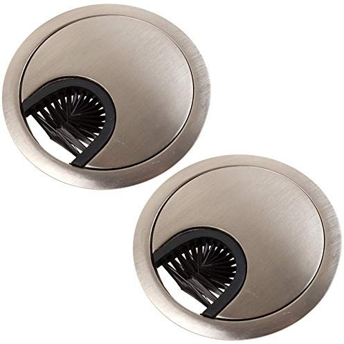 2X Brushed Nickel Desk Grommets (60mm) with Brush Computer Table Surface Cable Tidy Management