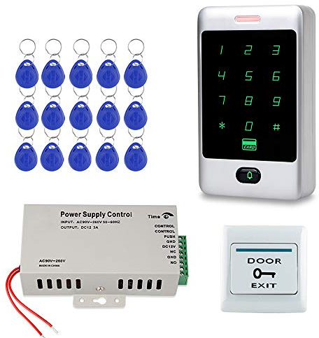 FST Door Access Control System Kit RFID Keyboard Touch Metal Keypad + DC12V 3A Access Control Power Supply + 15pcs RFID Keyfobs Cards