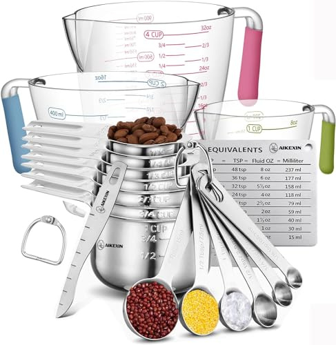 Werpower Measuring Cups and Spoons Set,AIKEXIN Stainless Steel 20 Piece Set,7 Measuring Cups & 6 Measuring Spoons & 3 transparent p.