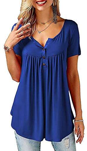 Florboom Short Sleeve Shirts Womens Casual Button Up Blouse Solid Color Tops Blue Size 16 18