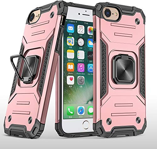 UEEBAI Case for iPhone SE 2022 5G/iPhone 7/iPhone 8/iPhone SE 2020/iPhone 6/iPhone 6S, Military Armor Ring Holder Case Ultra Slim Shockproof TPU Bumper Hard PC Case Ring Kickstand Cover - Rose Gold