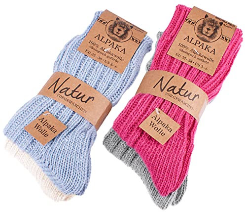 BRUBAKER 4 Paar Alpaka Socken mit Alpakawolle - Wintersocken Set für Damen und Herren - Blau Pink Beige Grau - Größe 39-42