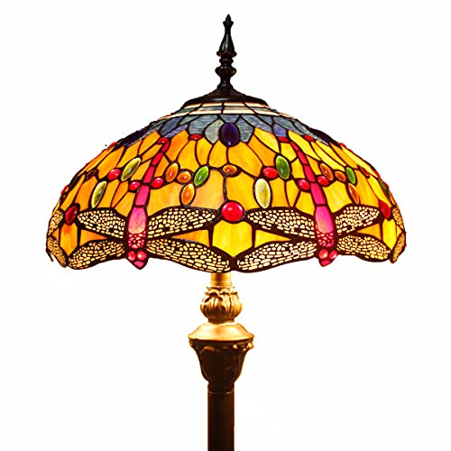 WERFACTORY Tiffany Floor Lamp Orange Blue Stained Glass Crystal Bead Dragonfly Standing Reading Light 16X16X64 Inches Antique Pole Corner Lamp Decor Bedroom Living Room Home Office S030 Series