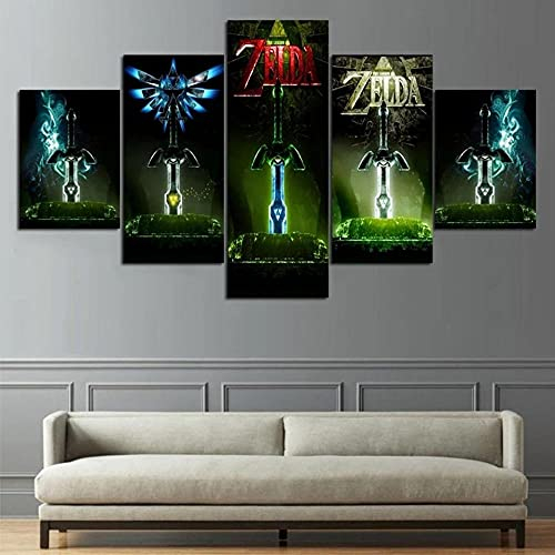 Wondbeau Poster & Kunstdrucke 5 Stück Leinwandspielposter Das Zelda-Schwert 150×80Cm Kein Rahmen 5 Panel Kunstdrucke Wandbild Malerei Modulare Wohnkultur Bürodekoration