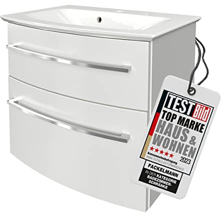 FACKELMANN B.Style Badmöbel Set 2 Teile/Gussmarmor Waschbecken/Waschbeckenunterschrank mit 2 Schubladen und Soft-Close/hochwertige Möbel fürs Bad/Korpus & Front: Weiß/Breite: 63 cm