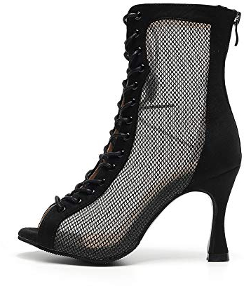 HROYL Stivali da Ballo Latino Americano Donna con Punta Aperta con Tacco Alto Stivaletti da Sala Nozze Festa Scarpe,QJW7179-Nero-Camoscio-7.5,EU 37.5