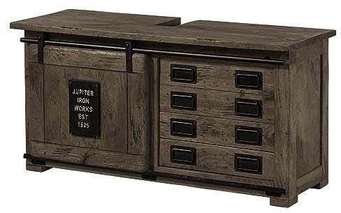 MASSIVMOEBEL24.DE | Railway - massiver Unterschrank grau, lackiert | aus Mangoholz | 120x40x60 | 2 Fächer + 4 Schubladen - mit Schiebetür | Aufbewahrungsschrank Flurschrank