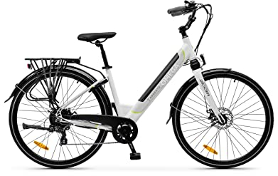 Argento E-Bike Omega, Motore 250W, Freni a Disco, Batteria 374Wh, Fino a 70km, Schermo LCD, Cambio Shimano 7 Rapporti, Bianco