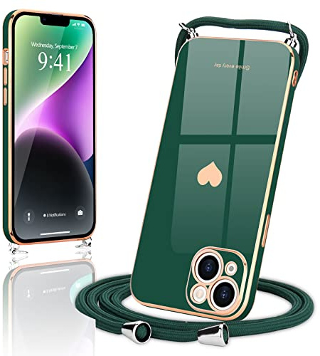 Wirvyuer Coque avec Cordon pour iPhone 14 Plus Coque Ultra Mince Silicone Souple Étui en Motif Coeur avec Chaîne Collier Réglable Téléphone Portable Lanyard Case pour iPhone 14 Plus Vert foncé