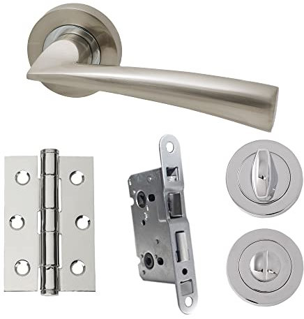 UAP Internal Door Handle Set with Lock – Complete Door Pack with Hinges, Thumb Turn & Fixings – Privacy Turn & Release (Phantom, Polished Chrome)