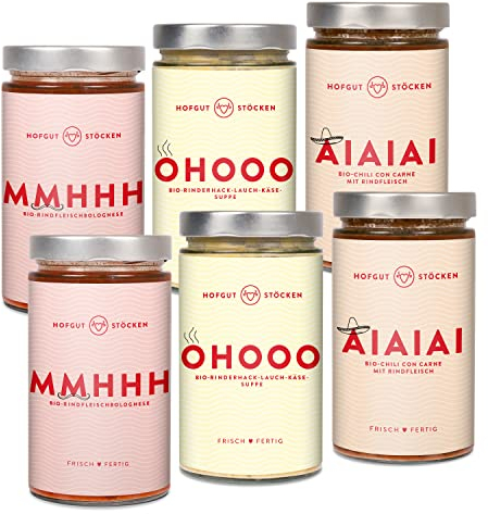 Hofgut Stöcken | Genießerpaket „Best of“ vom Testsieger | 6x 620ml Bio-Fertiggerichte im Glas | für Topf & Mikrowelle | Bio-Bolognese | Bio-Käse-Lauch-Suppe | Bio-Chili con Carne | mit Gelinggarantie