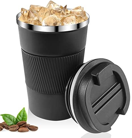 Relota Mug Isotherme Cafe 380ml Noir, Mug Isotherme Réutilisable Acier Inoxydable 304 Tasse de Voiture avec Couvercle, Café Étanche Mug de Voyage pour Café Chaud et Froid, Lait et Thé