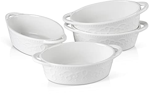 Assiette de diner Plats de cuisson en porcelaine blanche 4/8 pièces 320ML avec poignée, moules à tarte en céramique soufflé brulee tapas ustensiles de cuisson ( Color : Onecolor , Size : 4-Piece )
