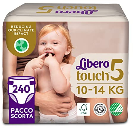 Libero, Pannolini Touch Open per Bambini, 240 Pannolini Taglia 5 per Bambini da 10-14 Kg, 6 Confezioni da 40 Pannolini Monouso