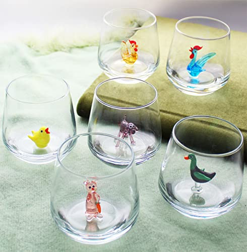 HeguSun Set di 6 bicchieri con statuetta animale soffiata a mano, all'interno, bicchiere senza stelo per acqua, vino