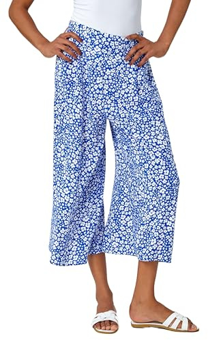 Roman Originals Culotte Trousers for Women UK - Ladies Wide Leg Cropped Pants Tie Detail Bottoms Vintage Retro Smart Flared Slimming High Waist 1940s Party Regular - Blue White - Size 20