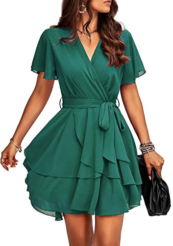 TcIFE Women's Casual Dress Deep V-Neck Short Sleeve Waist Tie Ruffle Chiffon Elegant Mini Short Swing Skater Dresses, Green, M