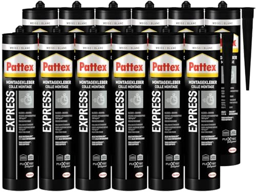 Pattex Montage Express, starker Montagekleber für schnelle Verklebungen, Universalkleber für alle Materialien*, Baukleber mit starker Anfangshaftung, 12x440g Kartusche
