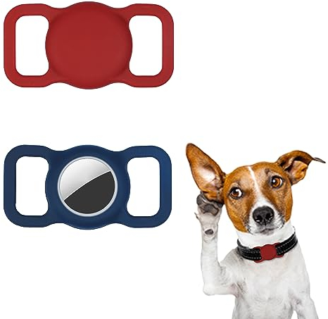 2 Stück Airtag Hundehalsbandhalter, Wasserdicht Silikon Halter für Airtag Hundehalsband Kratzfest Schützende Airtag-Hülle Air-Tag-Halterung für Hunde Katzen Haustierhalsbänder (Rot+Blau)