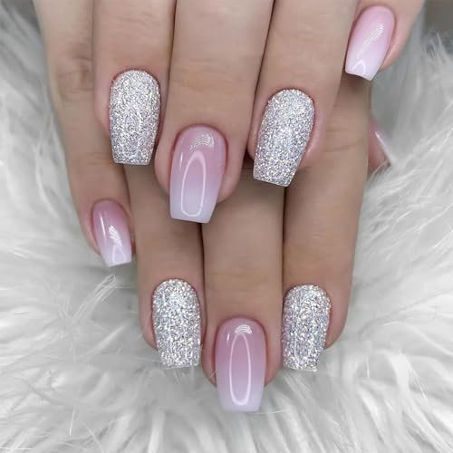 Angwis 24pcs Short Coffin False Nails Glitter Silver Pink Ombre Press on Nails Removable Glue-on Nails Acrylic Full Cover Fake Nails Women Girls Nail Art Accessories