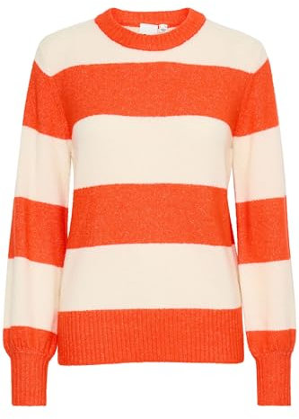 ICHI IHEDEN Damen Strickpullover Feinstrick Pullover Pulli mit Rippkragen Rippbündchen leicht elastisch Loose fit, Größe:L, Farbe:Orange.com Almond Milk Stripe (203333)