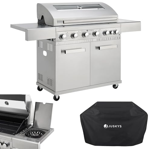 Juskys Barbacoa de gas Minnesota – 6 quemadores y 1 quemador lateral – XXL acero inoxidable parrilla de gas con parrilla de hierro fundido, vitrocerámica, armario inferior para bombona de gas