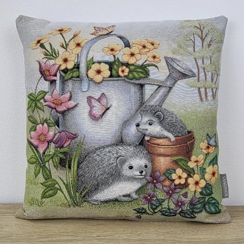 Sandner Kissenhülle Gobelin Igel - Gießkanne 45 x 45 cm Kissenbezug Sofakissen Dekokissen, 1 Stück