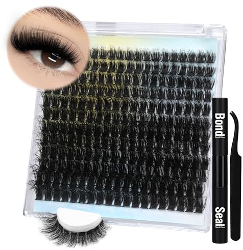 Fluffy Lash Extension Kit Wimpern Cluster Kit D Curl Volume Eyelash Extensions 240PCS Einzelwimpern Cluster Fluffy Eyelashes Clusters Lashes Kit mit Bond and Seal, Wimpernpinzette