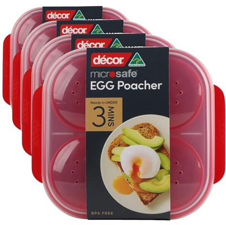 Décor Microwave Egg Poacher Cups for 4 | Food Grade Poached Egg Maker | Non-stick, Easy to Clean, BPA-free Plastic - Red 4 Egg Tray (Pack of 4)