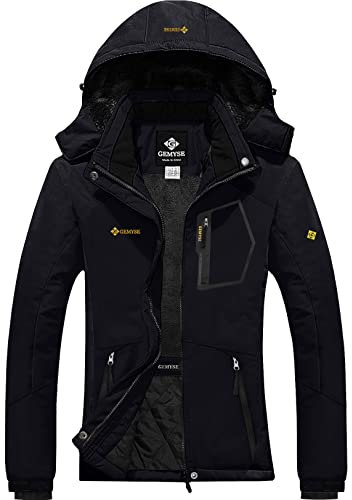 GEMYSE Damen Wasserdichte Winddichte Skijacke Winterjacke Wanderjacke Hardshelljacke Regenjacke mit Kapuze (Schwarz,L)
