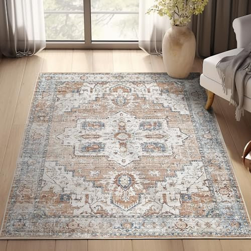 TOPICK Teppich Bunt 90x150cm Area Rugs,Antirutsch Waschbare Groß,Wohnzimmer Flur Küchenläufer Orientalische Blumendruck für Schlafzimmer Küche Badezimmer Esszimmer Orange/Blau