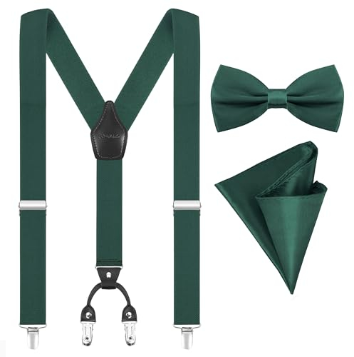 Fevaeno Hosenträger für Herren Breit 3.5cm mit Metal Clips Einstellbar und Elastisch Einheitsgröß Hosenträger Fliege Einsteckuch Set Y-Grün