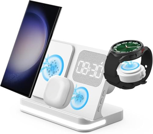 GLILAVOX 4 in 1 kabelloses Ladegerät mit Wecker Kompatibel mit Samsung,Induktive Ladestation für Galaxy Watch 8/7/FE/Ultra Galaxy Z Fold7/Z Flip7/FE/S25 Edge/S25/S24/S23 Ultra/Buds3 Ladestation(Weiß)