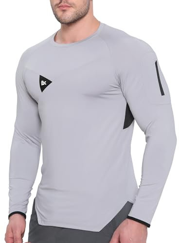 BROKIG Mens Armzip Long Sleeve Running Tops, Gym Sports Shirts Lightweight Compression Training T Shirts with Zip Pocket (Large, Light Grey)