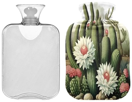 SKYSHU Cactus Hot Water Bottle, 1L Transparent Leakproof Hot Water Bag Washable Heat Resistant Water Bottle with Soft Plush Cover for Menstrual Cramps Neck and Shoulder Pain Relief