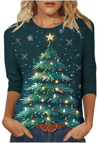 Christmas Sweatshirt Women Light Up Christmas Tree Printed Tops Sparkly Wine Glass Xmas Shirts Crewneck Blouse Casual Pullover 3/4 Sleeve Tunic Tees for Work Officce