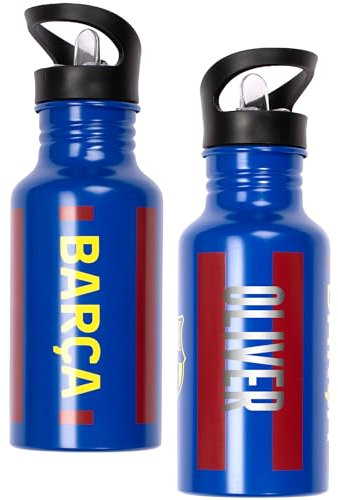 FC Barcelona Botella de agua de metal personalizada de 500 ml, botella de entrenamiento y escuela con nombre grabado, regalo para niños y fanáticos del fútbol