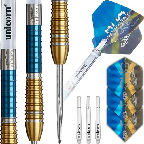 Unicorn Dartpfeile Set Duo Phase 6 | Gary 'The Flying Scotsman' Anderson | 90% Tungsten Barrels mit zweifarbigen blauen & goldenen Titanbeschichtungen | Langlebige Ultrafly Flights | Steel Tip Volute