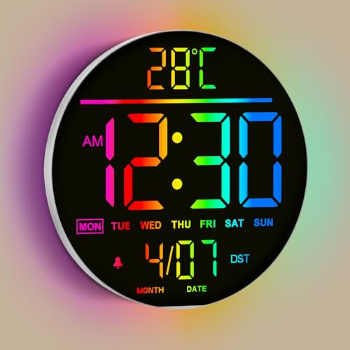 Mee 2ou Digitale Wanduhr, 25 cm/10 LED Bildschirm, 12 RGB-Farben, Auto Helligkeit, Temperatur, Datum Und Wochentag, Nachtlicht, Geräuschlos, Moderne Elektrische LED Wanduhr Digital Für Wohnzimmer