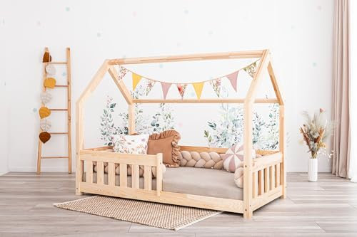 Generisch TreeTale Bodenbett Meli Hausbett, Kinderbett, Montessori BettNaturholzbett mit Rausfallschutz und Lattenrost ohne Matratze (140x200)