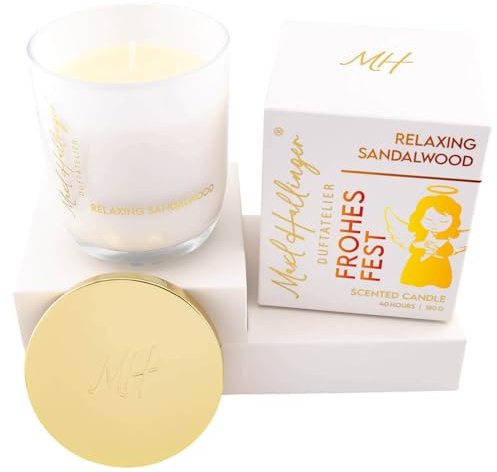 Hallingers Genuss Manufaktur Duftkerze Weihnachts-Geschenk - 40h Raumduft Sojawachs-Kerze im Glas Maxl Hallinger in Geschenkbox Frohes Fest Engel Sandelholz, Weihnachten für Frauen Männer