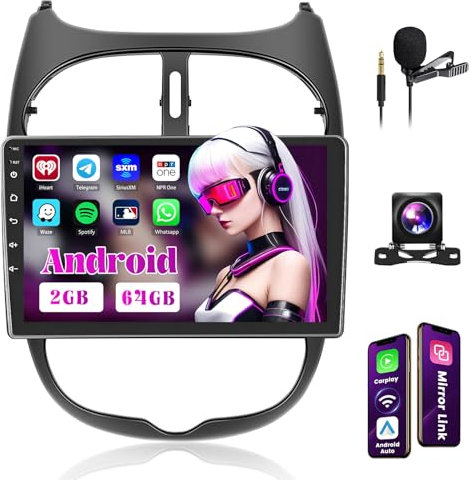 pour Peugeot 206, Peugeot 206CC 2001-2016, Cirteon C2, 2+64GB Android Autoradio Wireless Carplay Android Auto Écran Tactile 9 Pouces Poste Radio Voiture Bluetooth, GPS, FM RDS Radio, WiFi, EQ