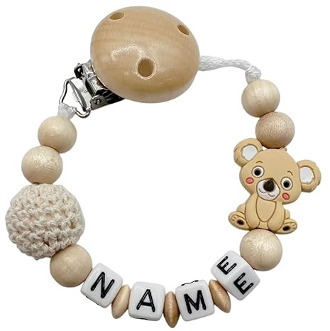 Schnullerband mit Namen für Mädchen & Jungen personalisierte Baby Geschenke (Koala Beige)