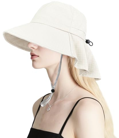 ehsbuy Sonnenhut Damen Nackenschutz Breite Krempe Baumwolle Sommerhut Bucket Faltbar für Strand Gardening Safari Outdoor