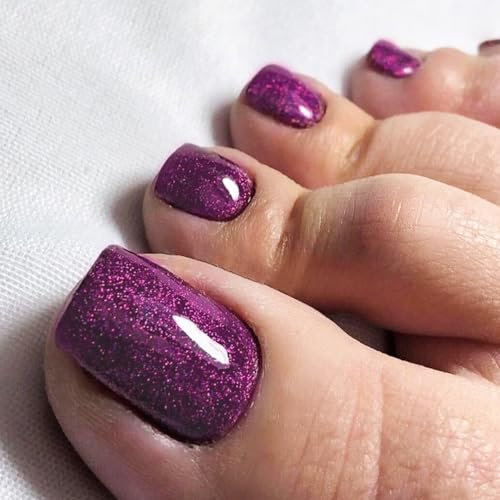 24Pcs Purple Glitter Press on Toenails, Glossy French Tip False Toe Nails, Short Square Artificial Summer Fake Toe Nails, Solid Color Acrylic Glue on Toenails for Women Girls Pedicure Decorations